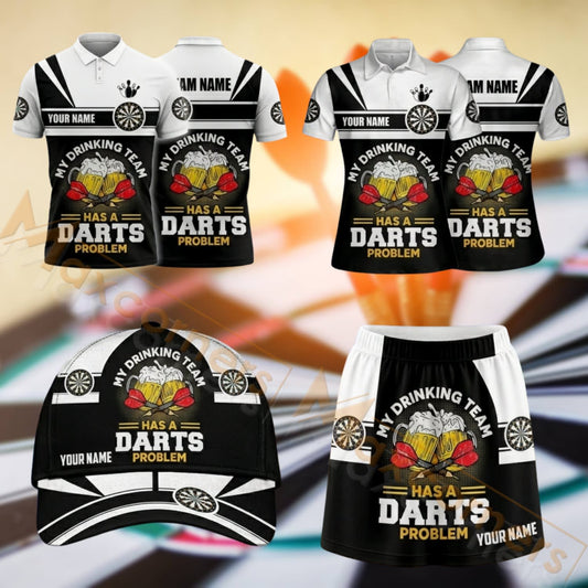 Maxcorners Darts Black White Typography Dartboard Design Personalized Team Sportswear Set - Polo Shirt, Cap & Skorts