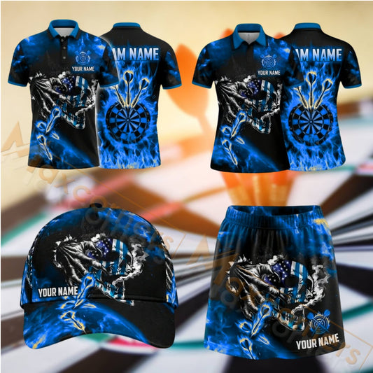Maxcorners Darts Flaming Wolf Dartboard Design Personalized Team Sportswear Set - Polo Shirt, Cap & Skorts