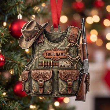 Maxcorners Hunting Camouflage Veteran Vest Cowboy Hat And Rifle Personalized Name 3D Keychain And Ornament