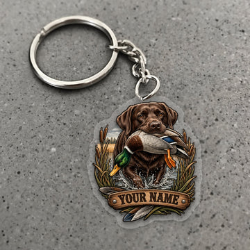Maxcorners Duck Hunting Chocolate Labrador Retriever Flying Duck Badge Custom Name Gift 2D Flat Acrylic Ornament, Keychain