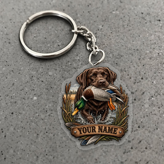 Maxcorners Duck Hunting Chocolate Labrador Retriever Flying Duck Badge Custom Name Gift 2D Flat Acrylic Ornament, Keychain