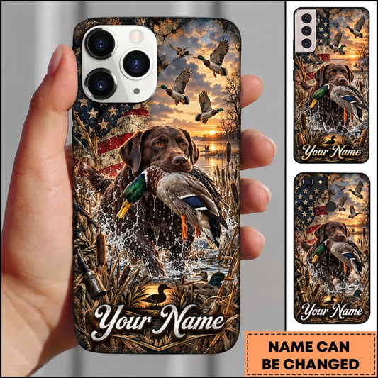 Maxcorners Duck Hunting German Wirehaired Pointer American Flag Sunset Marsh Personalized Name 3D Phone Case - Chocolate Labrador Retriever