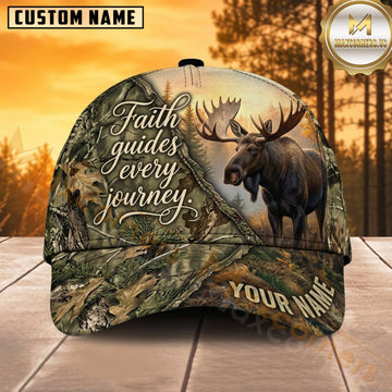Maxcorners Moose Hunting Bull Moose Faith Guides Every Journey Woodland Camo Customized Name 3D Cap