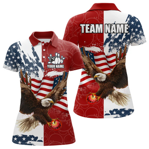 Maxcorners Red, White, Blue American Flag Eagle Men Bowling Shirt Custom Patriotic Red Camo Bowling Team Jersey LM184