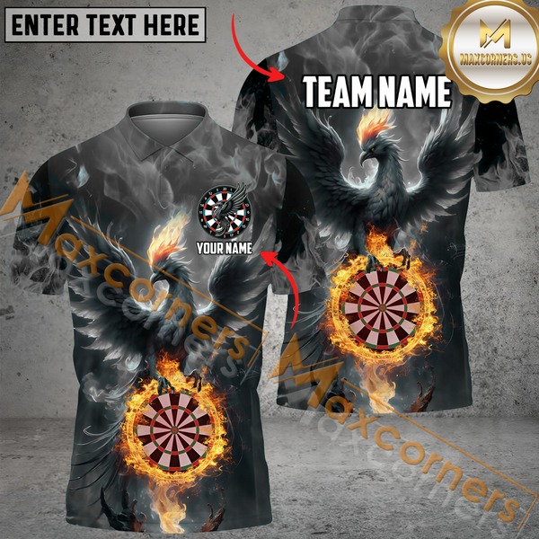 Maxcorners Darts Phoenix Flame Customized Name, Team Name 3D Polo Shirt