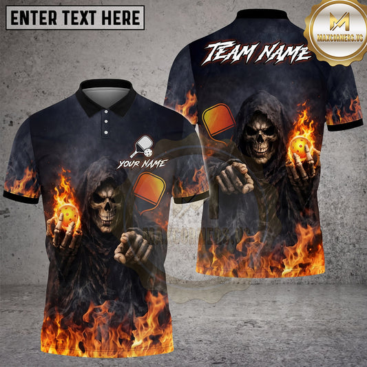 Maxcorners Pickleball Polo Flaming Grim Reaper Skull Multiple Options Personalized Name, Team Name 3D Shirt