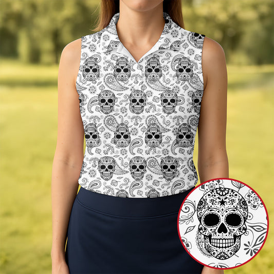 Maxcorners Sugar Skull Paisley Pattern Golf Polo Shirt, Ladies Golf Shirts, Women's Golf Apparel LM1507