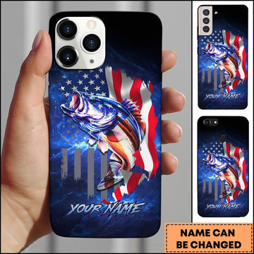 Maxcorners Bass Patriotic American Flag Galaxy Blue Art Personalized Name Phone Case