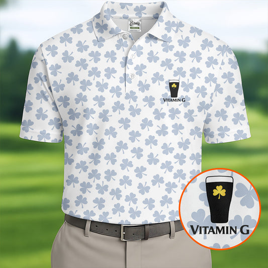 Maxcorners Vitamin G Shamrock Pattern Golf And Beer White Golf Shirt, St Patrick's Day Golf Shirt, Polo Shirts For Men