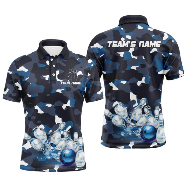 Maxcorners Blue Camo Bowling Customized Name And Team Name 3D Shirt