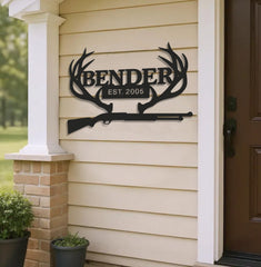 Maxcorners Personalized Metal Sign WITH LED/WITHOUT LED – Deer Antler Hunting Wall Decor with Rifle – Custom Rustic Cabin Sign for Hunters LM0110