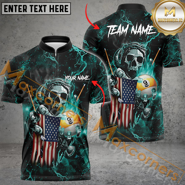 Maxcorners Ball 9 Fire Skull US Flag Billiard Jersey Multicolor Options Personalized Name, Team Name 3D Polo Shirt (4 Colors)