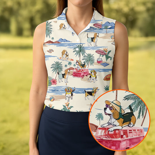 Maxcorners Cute Beagle Beach Vacation Tropical Golf Polo Shirt, Golf Shirts For Women, Women's Golf Apparel LM1507