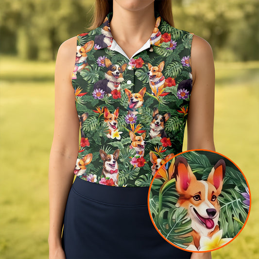 Maxcorners Tropical Corgi Dog Hawaiian Golf Polo Shirt, Golf Shirts For Women, Women's Golf Apparel LM1507