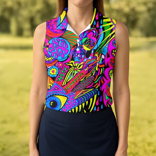 Maxcorners Neon Psychedelic Abstract Eye Pattern Golf Shirt, Women's Golf Tops, Women’s Golf Apparel, Performance Golf Shirt LM1507