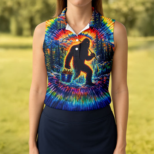 Maxcorners Tie Dye Bigfoot Fishing Forest Golf Shirt, Women’s Golf Apparel, Golf Tops For Women LM1507