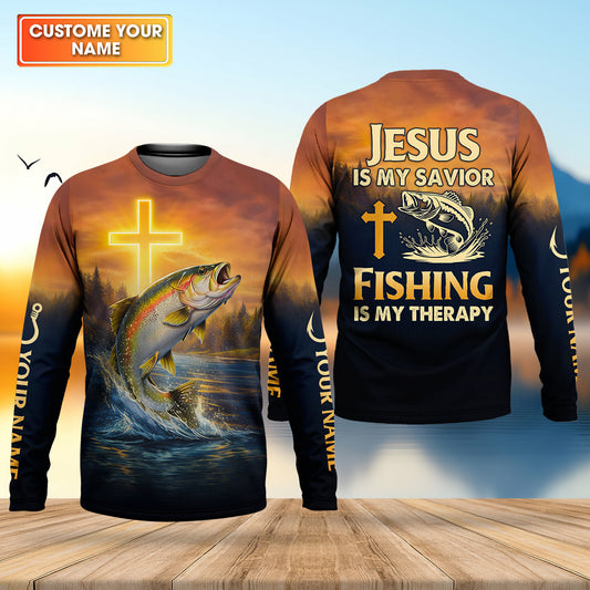 Maxcorners Jesus Is My Savior Fishing Is My Therapy Shirt, Custom Name Fishing Shirt, Fishing UPF Shirts, Funny Fishing Shirt