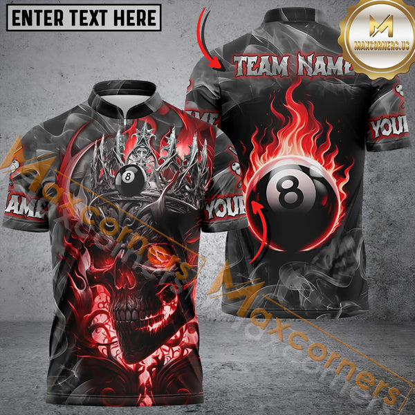 Maxcorners Billiard Skull Ball 8 Flame Multicolor Options Personalized Name, Team Name 3D Polo Shirt (4 Colors)