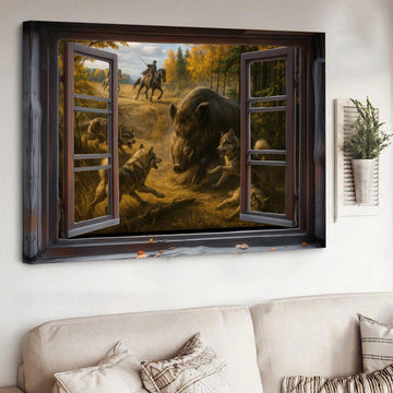 Maxcorners Epic Wild Boar Hunting Scene Wall Art - Wolves & Hunters 3D Canvas for Cabin & Lodge Decor