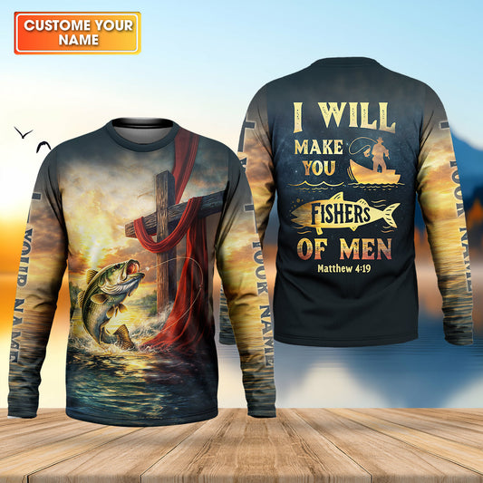 Maxcorners I Will Make You Fishers Of Men Shirt, Personalized Christian Fishing Long Sleeve, Matthew 4:19 Bass Fishing Shirt