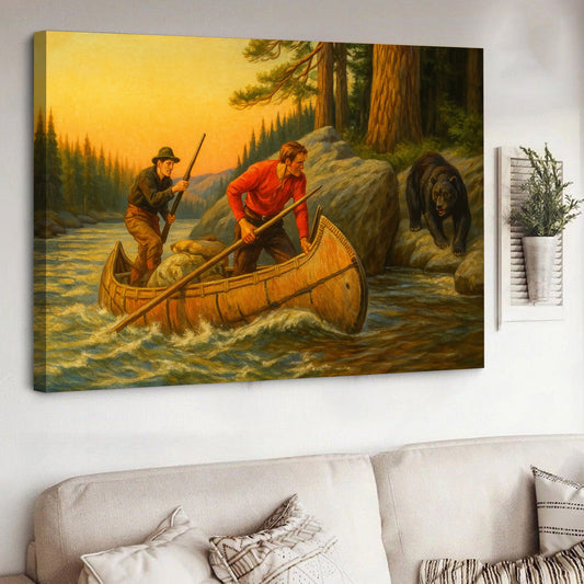 Maxcorners Vintage Canoe Adventure Canvas Wall Art – Retro Wilderness Painting with Hunters and Bear Scene