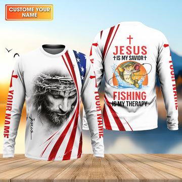Maxcorners Jesus Is My Savior Fishing Is My Therapy Shirt, Personalized Christian Fishing Long Sleeve For Men
