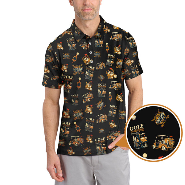 Maxcorners Bourbon Whiskey & Golf Polos, Funny Pattern Golf Shirt, Golf Gift For Men's