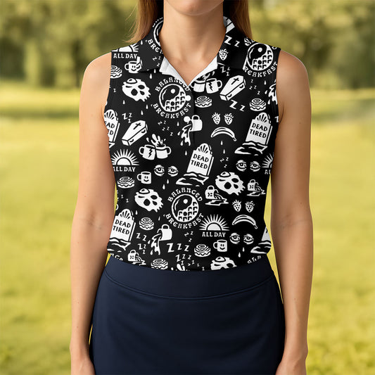 Maxcorners Dead Tired Coffee Breakfast Pattern Golf Shirt, Women's Golf Tops, Golf Shirts For Women LM1507