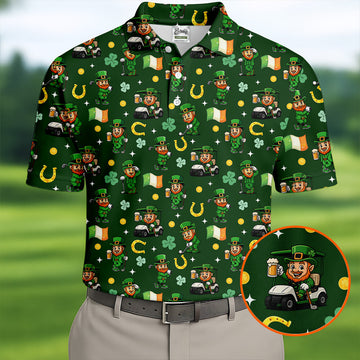 Maxcorners St Patrick's Day Leprechaun Golf Pose Irish Flags Shamrock Golf Shirt, Golf Tops For Men, Golf Shirts For Men