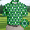 Maxcorners Green And White Lucky Four Leaf Clover Argyle Pattern St Patrick's Day Golf Shirt, Polo Shirts For Men