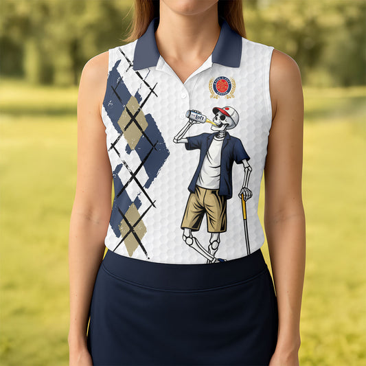 Maxcorners Funny Skeleton Golfer Drinking Beer Polo Shirt, Women’s Golf Apparel, Ladies Golf Shirts LM1507
