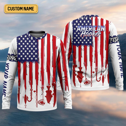 Maxcorners American Hooker Hooded UPF Shirt, American Flag Fish Shirt, Long Sleeve Fishing Shirts, Mens Casual Shirts
