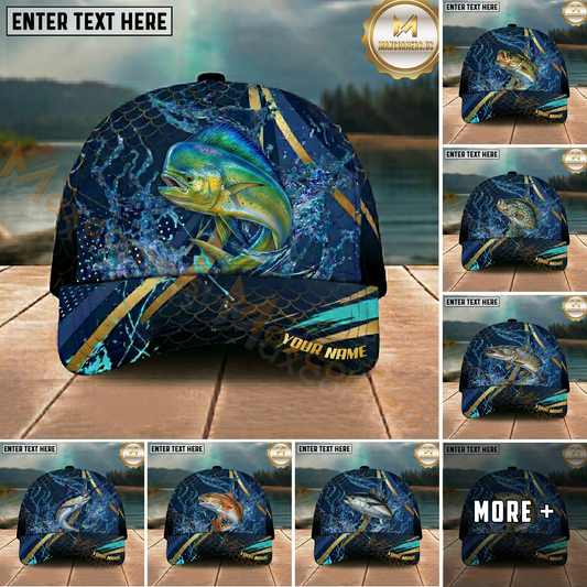 Maxcorners Fishing Luxury Gold Stripe Water Splash Design Personalized Name Classic 3D Cap (9 Breeds)