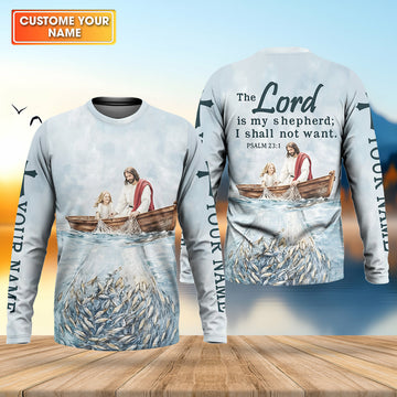 Maxcorners Jesus Catching Fish Bible Verse, Personalized Long Sleeve Shirt, Psalm 23 The Lord Is My Shepherd, Religious Gift for Men
