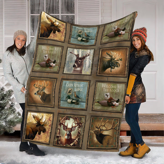 Maxcorners Rustic Wildlife Cabin Lodge Fleece Blanket - Deer, Moose, and Duck Hunting Retreat Fleece Blanket LM1611