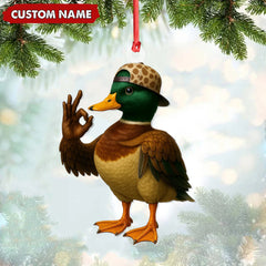 Maxcorners Personalized Cool Duck Christmas Ornament, Custom Name Mallard Wearing Hat, Funny Hipster Duck Tree Decoration