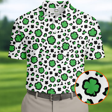 Maxcorners Lucky Four Leaf Clover Leopard Pattern St Patrick's Day Golf Shirt, Polo Shirts For Men, Golf Shirts For Men