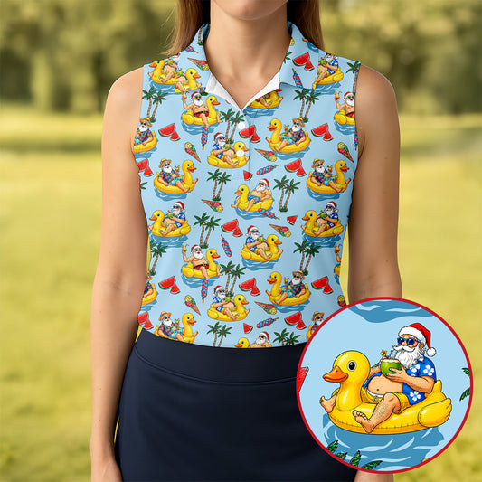 Maxcorners Women's Santa Duck Pool Float Hawaiian Golf Shirt, Christmas Golf Shirt, Women’s Golf Polo LM1507