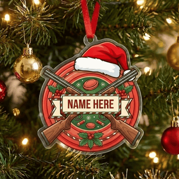 Maxcorners Personalized Christmas Santa Hat Crossed Shotguns Clay Target Holly Trap Shooting Acrylic Christmas Ornament And Keychain Custom Gift For Hunters 2D Flat