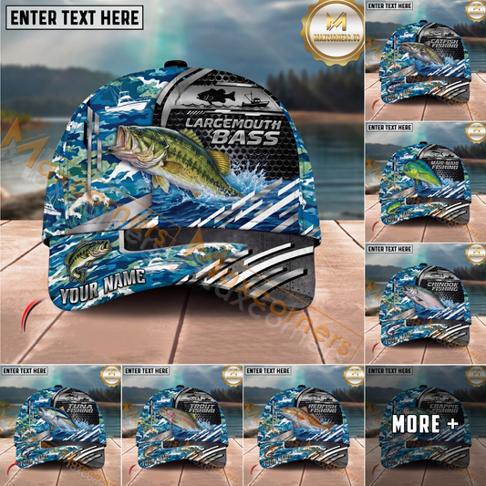 Maxcorners Fishing  Blue Camouflage Fishing Boat Multi Options Personalized Name 3D Classic Cap (11 Fish Species)