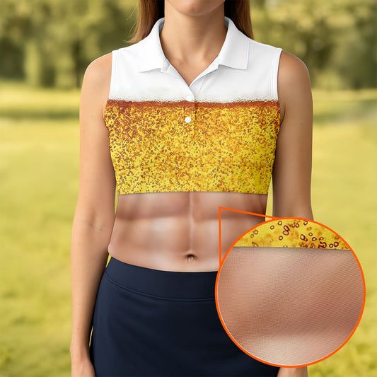 Maxcorners Bubbly Beer Foam Faux Abs Sleeveless Crop Golf Shirt, Golf Tops For Women, Ladies Golf Top LM1507