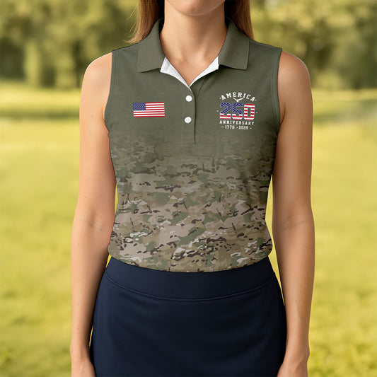 Maxcorners Custom America 250 Military Camo Golf Polo Shirt, Ladies Golf Shirts, Women's Golf Polo LM1507