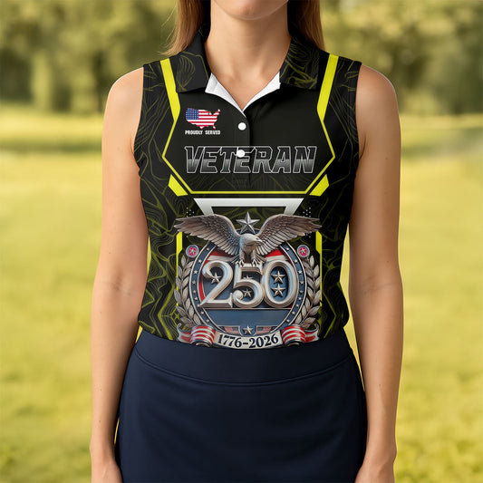 Maxcorners Personalized Veteran America 250 Polo Shirt Yellow Accent, Golf Shirts For Women, Women’s Golf Apparel LM1507