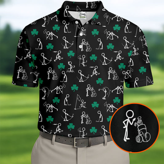 Maxcorners Stick Figure Golf Pose St Patrick's Day Shamrock Black Golf Shirt, Polo Shirts For Men, Golf Shirts For Men