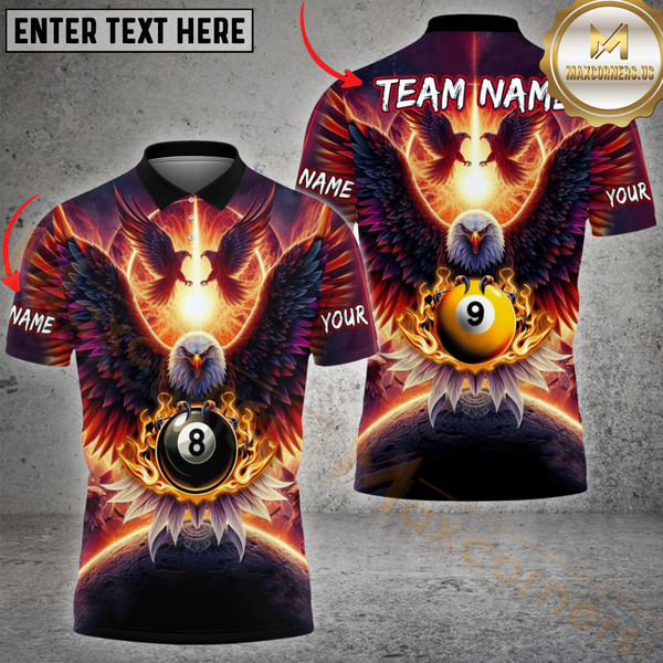 Maxcorners Billiard 8 Ball & 9 Ball Hawk Pattern Customized Name, Team Name 3D Polo Shirt