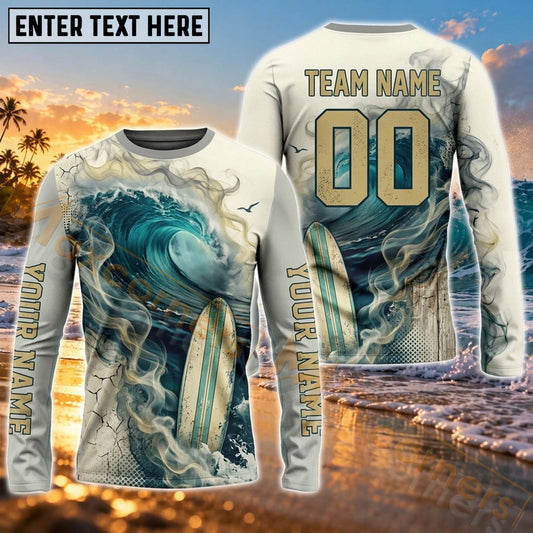 Maxcorners Surfing Coastal Ocean Wave Art Customized Name, Number, Team Name 3D Long Sleeve Shirts