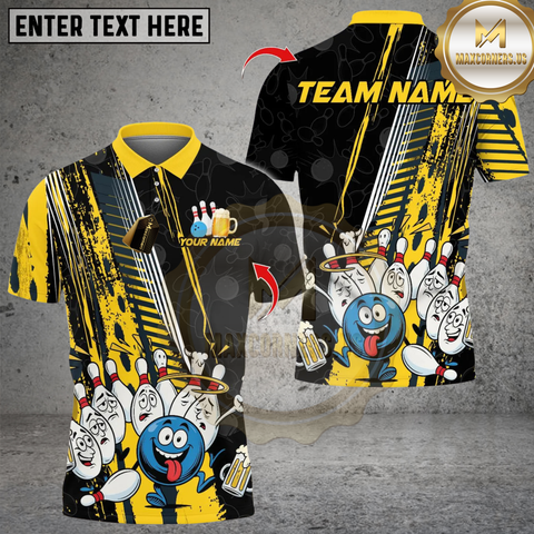 Maxcorners Custom Bowling Polo Shirt, Cheers & Strikes Funny Ball Design, Personalized Bowling Polo for Men Women, Personalized Name Team 3D Shirt