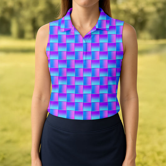 Maxcorners Purple Blue Gradient Checkered Pattern Golf Shirt, Ladies Golf Shirts, Women’s Golf Apparel, Printed Golf Shirt LM1507