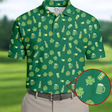 Maxcorners St Patrick's Day Beer Four Leaf Clovers Gold Pots Green Golf Shirt, Polo Shirts For Men, Golf Shirts For Men