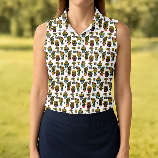 Maxcorners Cute Potted Cactus Pattern Golf Polo Shirt, Ladies Golf Tops, Women's Golf Polo LM1507